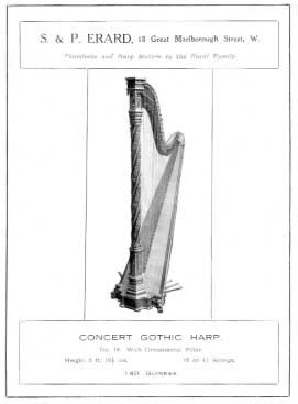 Publicity leaflet for English Gothic harp with ornamental twisted column.