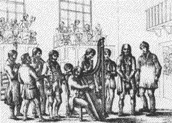 This engraving features the 8 contestants in the Cerdd Dant competition, namely Pierce Jones, Richard Willims, John Hughes, John Evans, Evan Jones, Richard Jones, Thomas Evans and Owen Griffiths. The harp accompanist was the famous blind harpist, Richard Roberts (1765-1855).